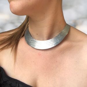 Wide Hammered Silver Choker Collar Torque Necklace